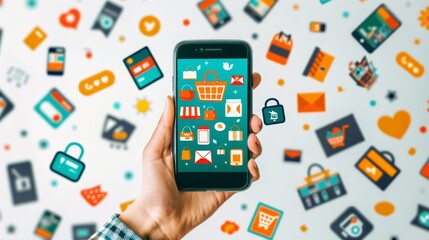 Modern Online Shopping Experience - Person Ordering on Smartphone App with Retail Icons in Bright Contemporary Illustration