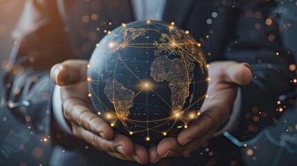 Asset Management: Entrepreneur Holds Worldwide Business Globe with Network Connected to Financial Investments, Asset Tracking Systems, and Tools for Optimizing Portfolios. photography, color image