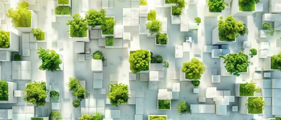 Aerial view city with many trees plants growing in white cubic structures, utopia architecture sustainability innovation