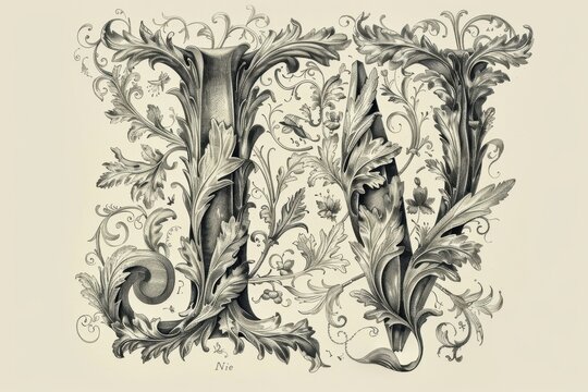 A hand-drawn illustration of the letter I with intricate details and flourishes ideal for elegant invitations and stationery.