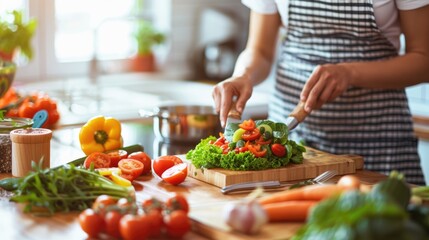 Fresh Salad Prep in Modern Kitchen - Healthy Eating Concept with Bright, Clean Environment and Person Cooking Organic Vegetables