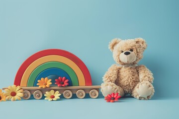 Assorted children s toys  teddy bear, wooden rainbow, train, and baby toys on light blue background