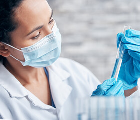 Poster - Woman, science and research in lab with test tube for medical innovation and ppe safety for chemistry experiment. Face mask, scientist and pharmaceutical study with liquid dna sample for vaccine