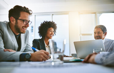 Aufkleber - Company, smile and meeting for people, laptop and research for startup, online and teamwork. Collaboration, group and internet for accountant in boardroom, budget or planning for deadline of project