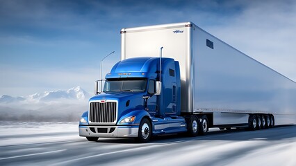 Big blue semi-guard rig grille refrigerator truck transporting frozen cargo, with spoiler trailer skirt, running straight road, hauler freight trucking transportation.

