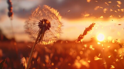 Aufkleber - A dandelion is blowing in the wind in a field of tall grass