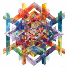 Wall Mural - Watercolor painting of a hypercube intersecting with other geometric shapes, creating a mesmerizing display, on isolated white background, Generative AI