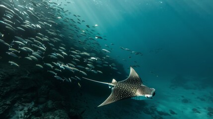 Wall Mural - A large fish with a long tail swims through a school of smaller fish