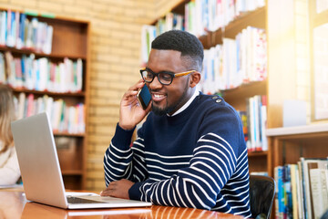 Poster - Library, website and black man with phone call by laptop for communication, network and information. Campus, student and happy in discussion with tech for academy, college and reading online results