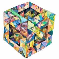 Wall Mural - Watercolor painting of a hypercube morphing into surreal shapes and patterns, defying traditional notions of space, on isolated white background, Generative AI