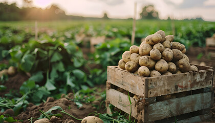 Wall Mural - fresh harvested potatoes in boxes in the field