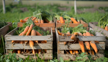 Wall Mural - fresh harvested carrots in boxes in the field
