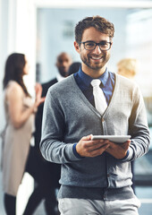Poster - Businessman, tablet and portrait for career, company as web developer in digital agency. Male person, tech and positive with confidence in office for communication, growth or project in brand design