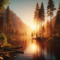Wall Mural - AI generated illustration of a serene mountain landscape at sunset with tall trees