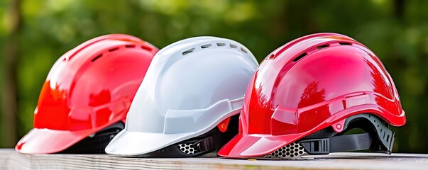 Three red and white safety helmets on concrete with a forest background