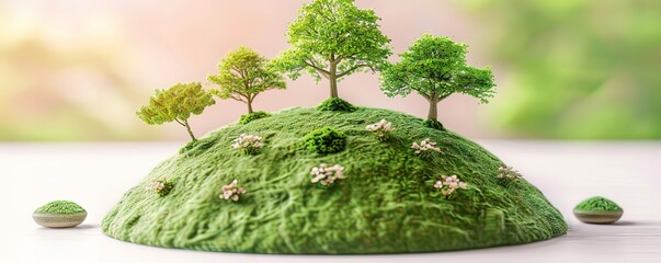 Illustration of a green hill with several trees growing on it with a blur effect background