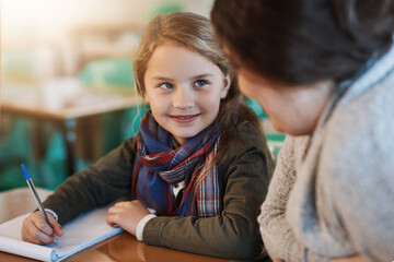 Poster - Teacher, learning and help child writing in notebook for education, study or knowledge in class. Kid, educator or woman with student for assistance, development or support at elementary school lesson