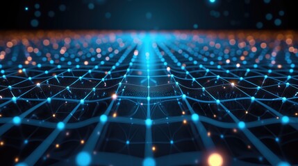 Futuristic Digital Network Background with Glowing Blue and Orange Nodes in a Grid Pattern.