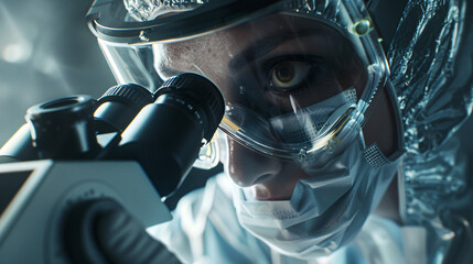 a person wearing a protective gear and goggles looking through a microscope