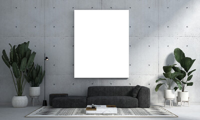 Wall Mural - Modern cozy design living room interior and concrete texture wall pattern background. 3d render