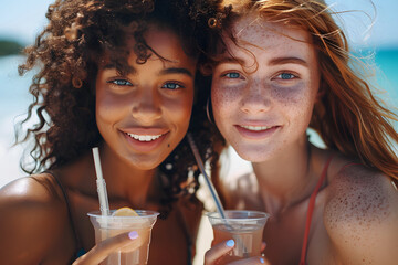  Two women on beach holding clear glasses with straws and a fresh drink with reusable straw, both smiling and looking at camera. aluminium straws, environmentally friendly concept