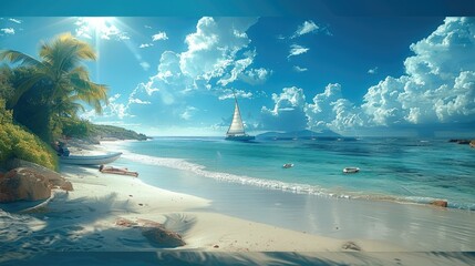 Aufkleber - Blue sky and white clouds, sunny beach below, sailboats on the sea, parasols and swimming rings on the beach. Generative AI.