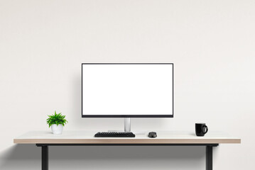 Poster - Modern display mockup on work desk with isolated screen for web page presentation. Includes plant and coffee mug, perfect for showcasing designs. Ideal for websites and portfolios