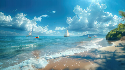 Aufkleber - Blue sky and white clouds, sunny beach below, sailboats on the sea, parasols and swimming rings on the beach. Generative AI.