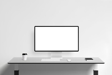 Aufkleber - Clean flat desk featuring a modern computer display mockup. Ideal for showcasing digital designs and professional presentations in contemporary workspace settings