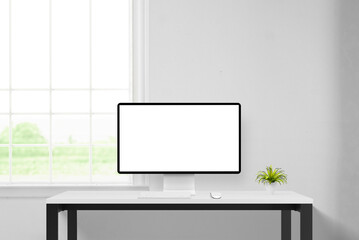 Aufkleber - Clean workspace with computer display mockup, isolated for web page promotion. Window beside enhances productivity in a minimalist office setting
