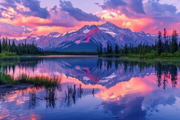 Poster - At sunrise, the lake reflects mountains and clouds