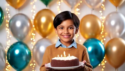 Wall Mural - smiling little boy holding cake