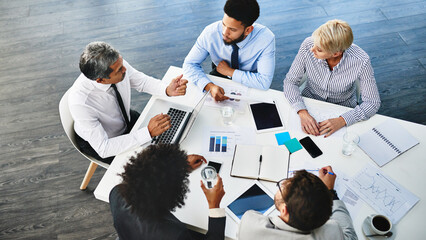 Poster - Discussion, meeting and graph for people, laptop and research for startup, online and top view of team. Collaboration, project and internet for news in boardroom, budget analyst and app for planning