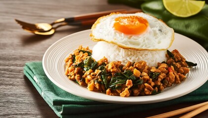 Wall Mural - A plate of spicy basil stir-fry with minced pork , topped with a crispy fried egg