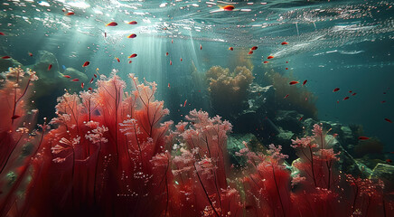 Canvas Print - Red algae underwater. Generative AI.
