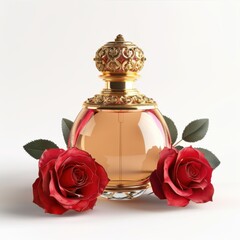 Premium perfume bottle with golden accents, set amidst red roses, isolated on a white background, ideal for luxury product promotions.