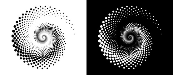 Fototapete - Halftone dots in spiral. Modern abstract background. Design element or icon, logo. Black shape on a white background and the same white shape on the black side.