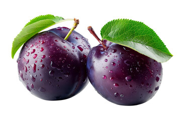 Wall Mural - Closeup of fresh, juicy plums with water droplets and green leaves isolated on white transparent background