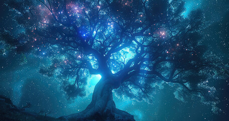 Aufkleber - Beautiful illuminated tree with branches showing. Cosmic background. low angle view. Generative AI.