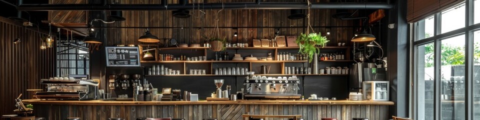 Wall Mural - Industrial-style coffee shop with exposed pipes