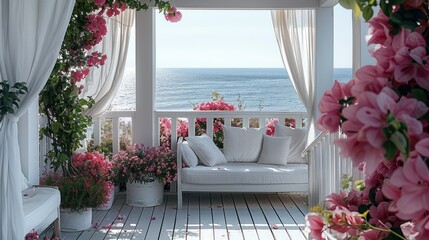 Wall Mural - Terrace, white curtains, white railings, white sofa, pink flowers. Generative AI.