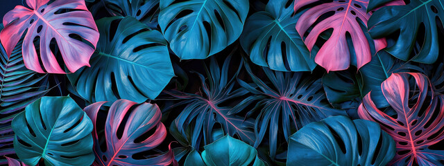 Wall Mural - Monstera leaves with blue and pink hues. Bold and striking leaf patterns. Contemporary botanical design.