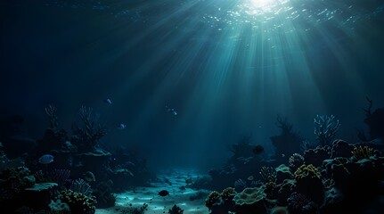 Underwater Sea Deep Abyss With Blue Sun light.generative.ai 