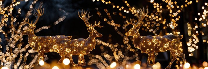 Aufkleber - A dazzling display of Christmas lights on reindeer figures, festive and bright. Generative AI.