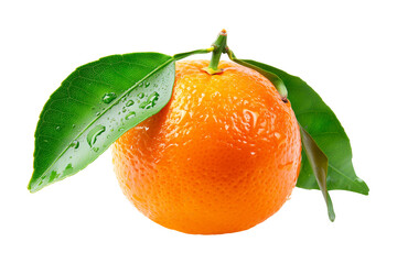 Poster - fresh tangerine fruit with dew drops and green leaves isolated on white transparent background.