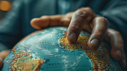 The world in the hands of finance a businessman pointing Africa on earth globe map with index finger showing continent resources planning global business strategy. close up. Generative AI.