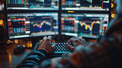 Fototapete - Close-up trader hands typing on keyboard surrounded by multiple screens displaying live trading data stock market volatility intense. Generative AI.