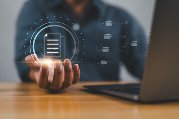 Fototapete - Document Management System (DMS), online documentation database and process automation to efficiently manage files, knowledge and documentation in enterprise with ERP. Corporate business technology.