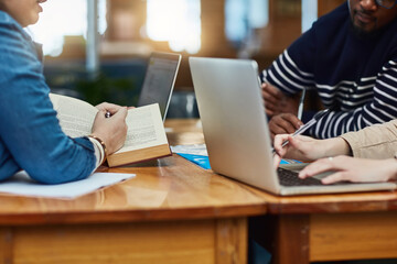 Poster - Group, hands and learning in library for education, knowledge and studying at college or university. Students or young people with books, laptop and research for essay development, help and planning