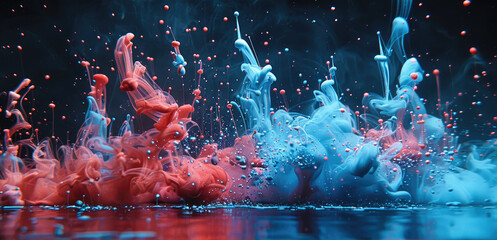 Poster - Abstract symphony of blue and red ink splashes on a black stage. Generative AI.